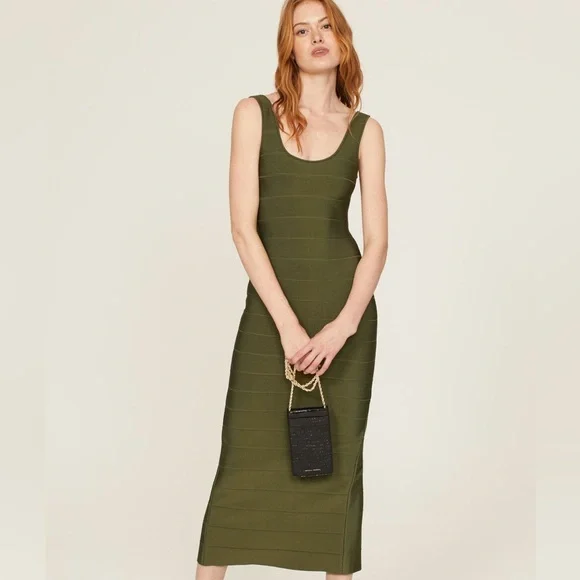 Herve Leger | Dresses | Herve Leger Olive Green Ribbed Bodycon Dress M |  Poshmark